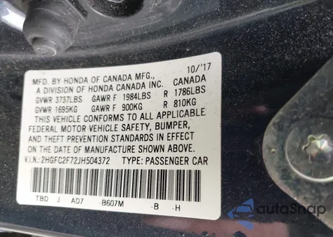 2018 Honda Civic Ex z USA, uszkodzony, nr VIN 2HGFC2F72JH504372